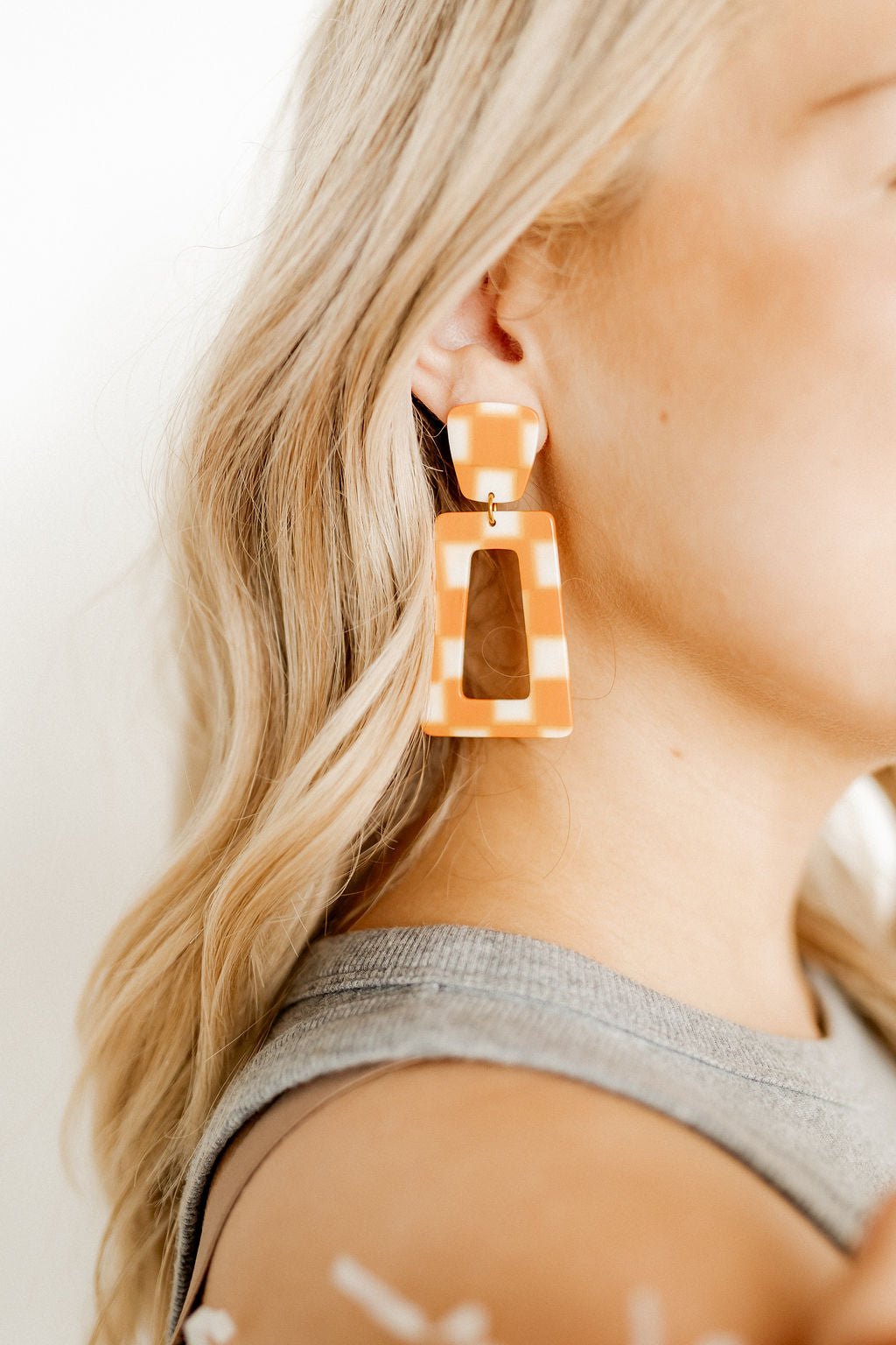 Kennedy Statement Earrings - Orange Checkered - LINNY CO WholesaleAcetate