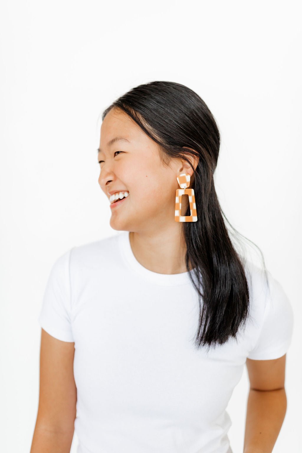 Kennedy Statement Earrings - Orange Checkered - LINNY CO WholesaleAcetate
