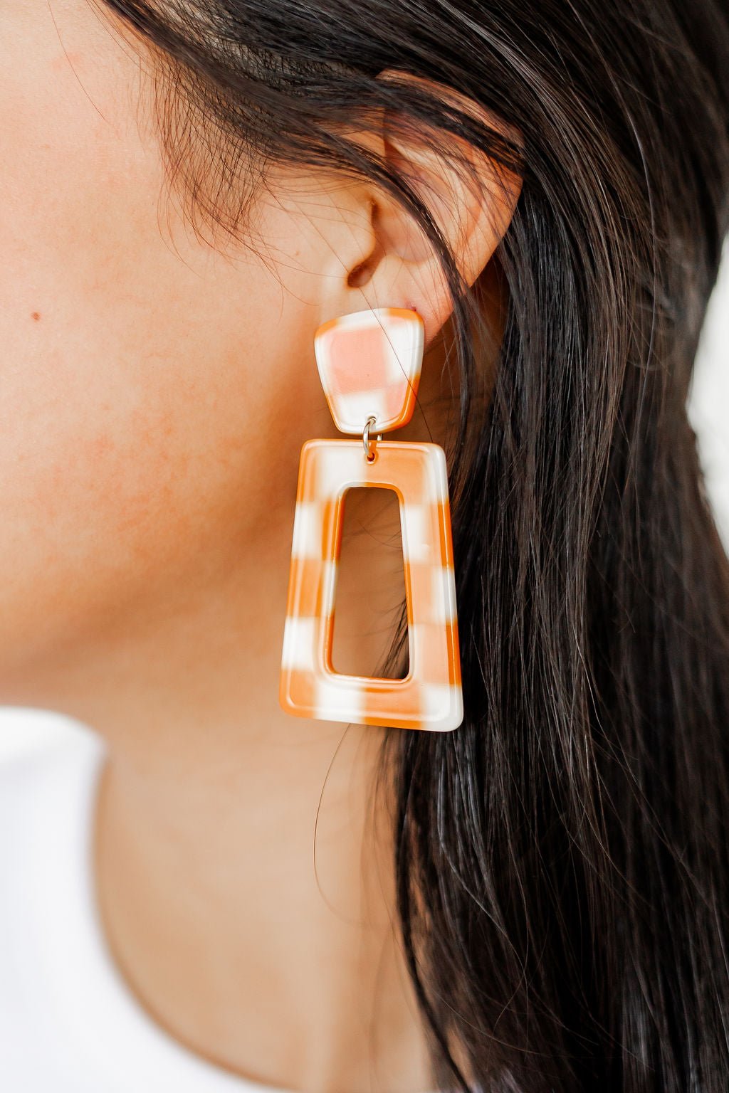 Kennedy Statement Earrings - Orange Checkered - LINNY CO WholesaleAcetate