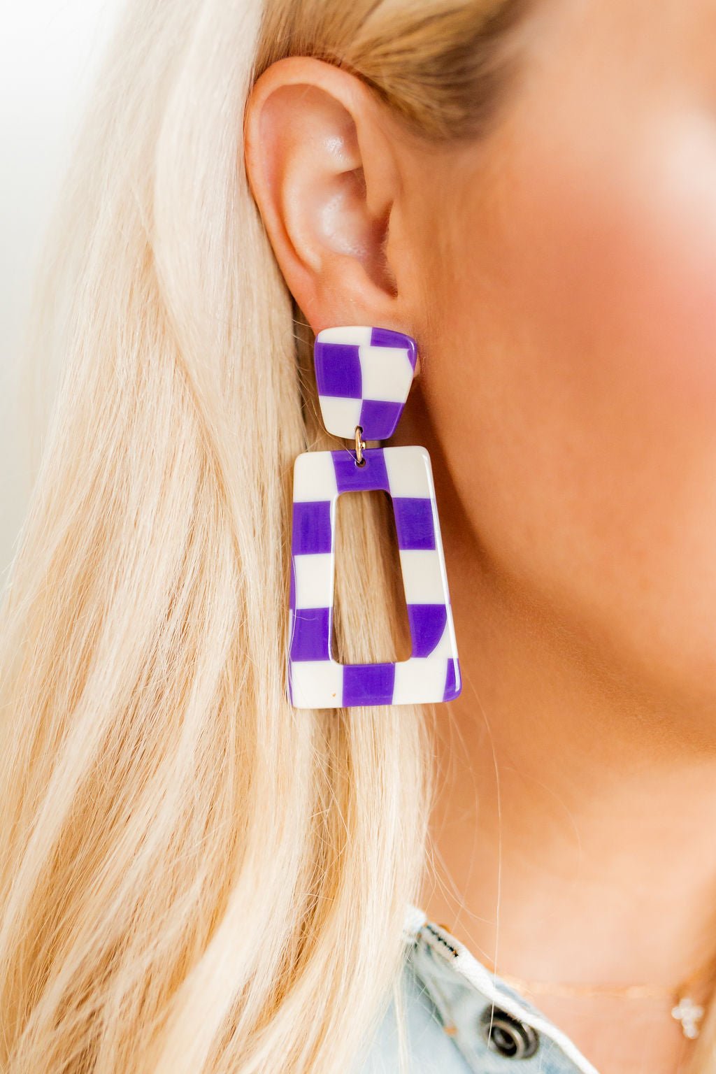Kennedy Statement Earrings - Purple Checkered - LINNY CO WholesaleAcetate