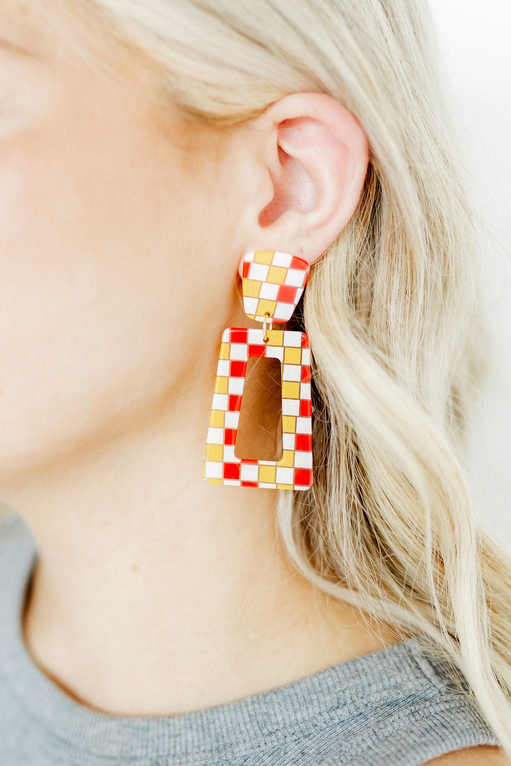 Kennedy Statement Earrings - Red and Gold Checkered - LINNY CO WholesaleAcetate