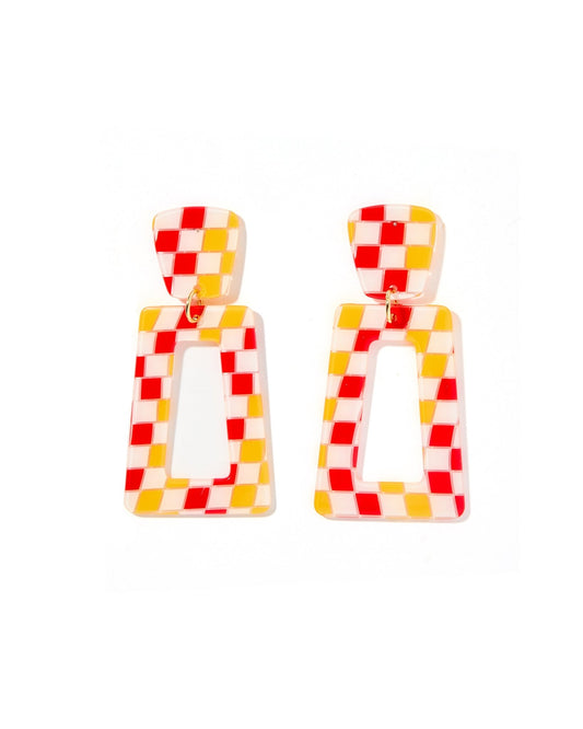 Kennedy Statement Earrings - Red and Gold Checkered - LINNY CO WholesaleAcetate