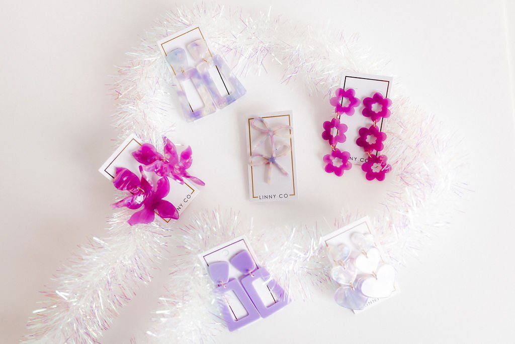 Lola Bow Earrings - Purple Sprinkles - LINNY CO WholesaleAcetate