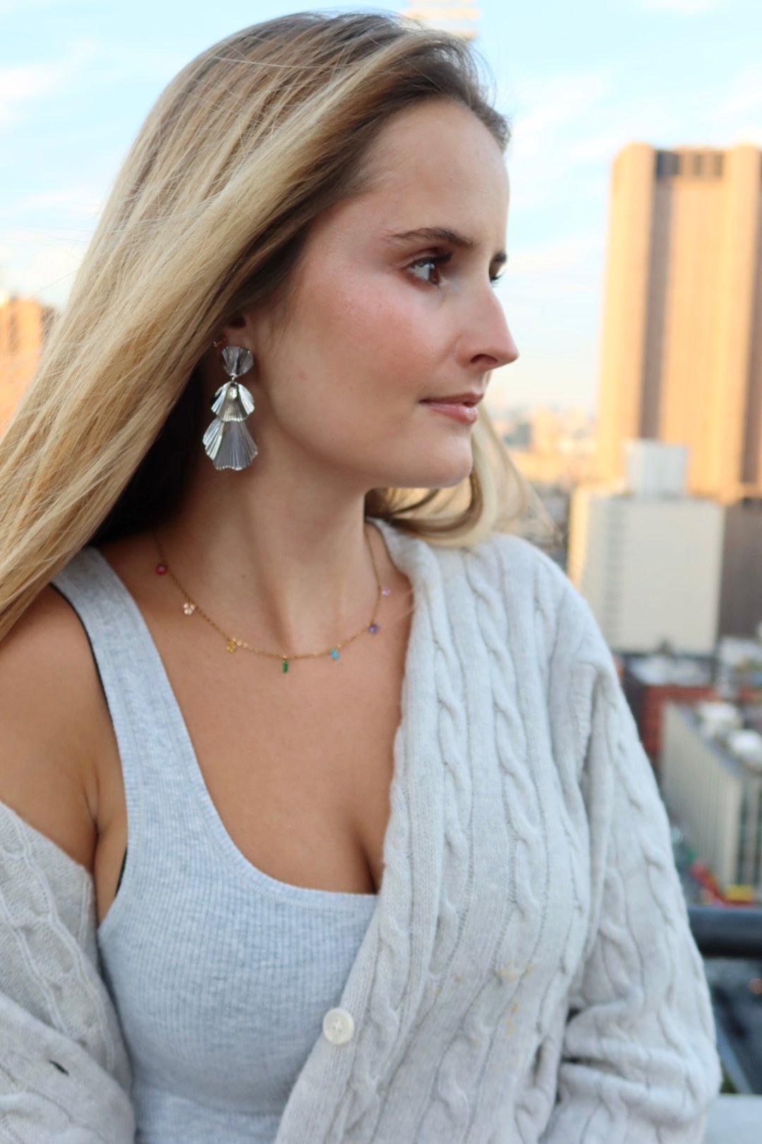 LINNY CO Allegra Multi necklace for kids & little girls — hypoallergenic, waterproof stainless steel, shown on model.