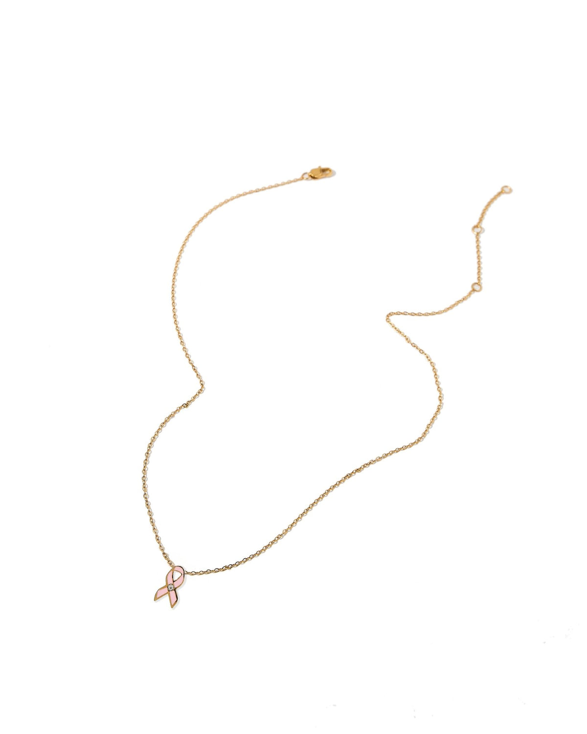 LINNY CO Breast Cancer Ribbon necklace for kids & little girls — hypoallergenic, waterproof stainless steel, detail.
