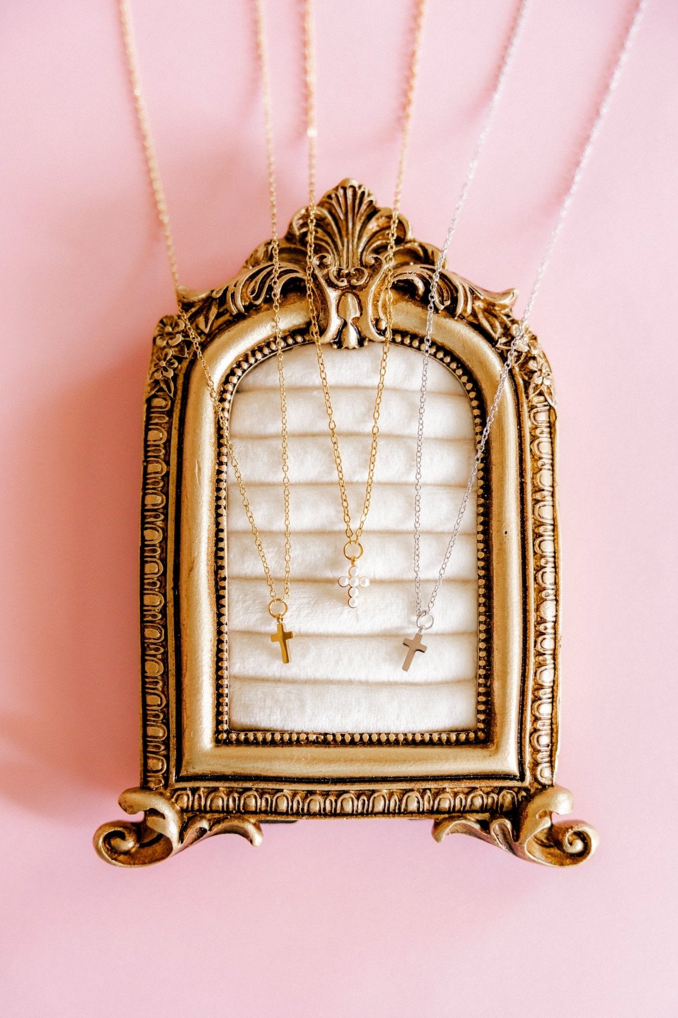 Necklace - Carly Cross Pearl Gold - LINNY CO WholesaleMetals