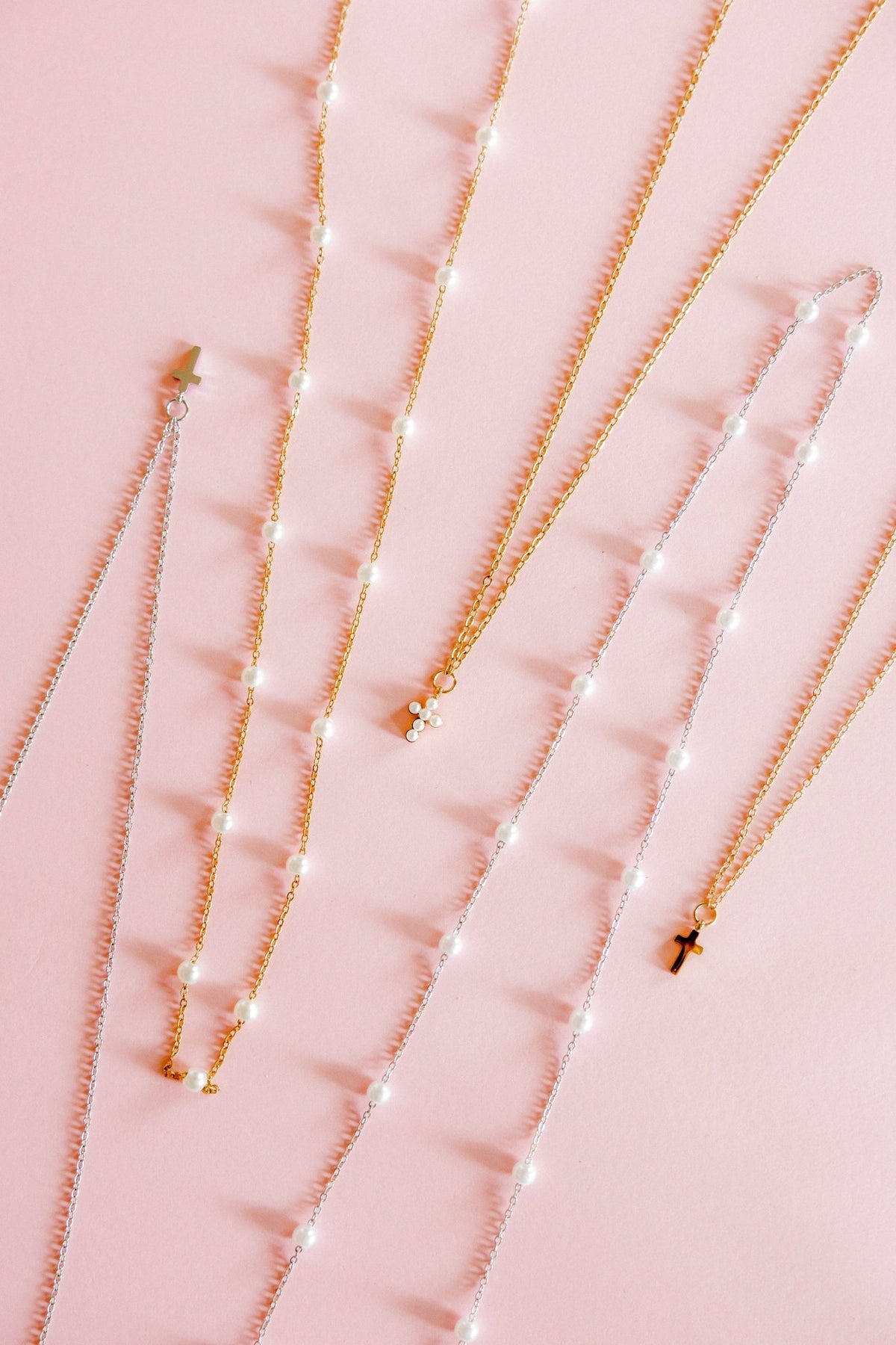 Necklace - Carly Cross Pearl Gold - LINNY CO WholesaleMetals