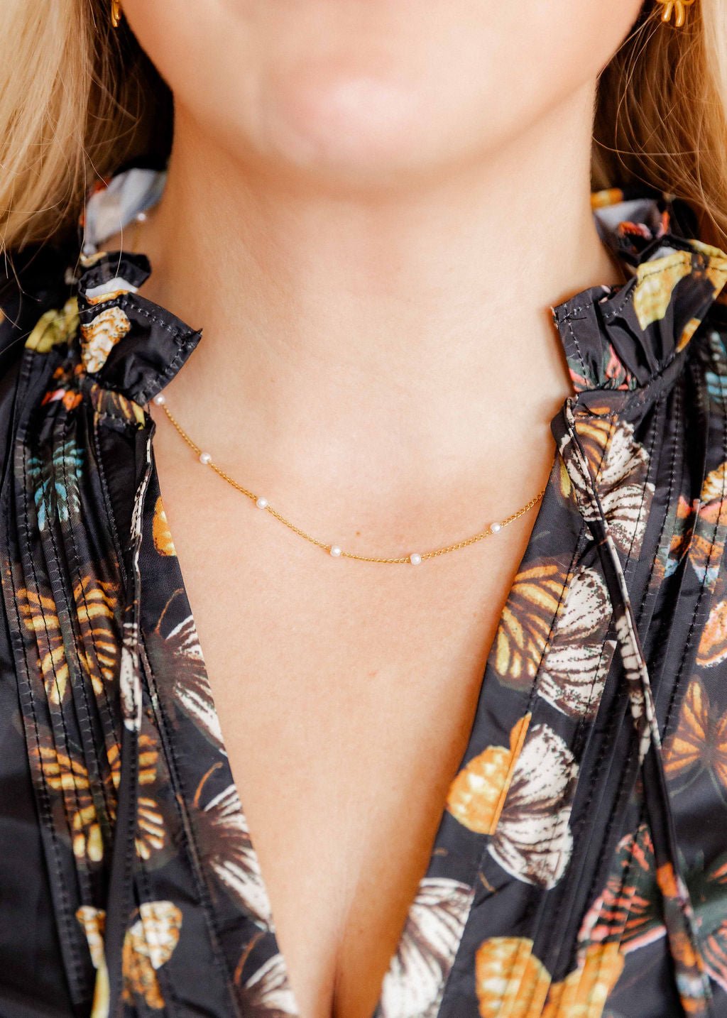 LINNY CO Dabney Pearl Gold necklace for kids & little girls — hypoallergenic, waterproof stainless steel, shown on model.