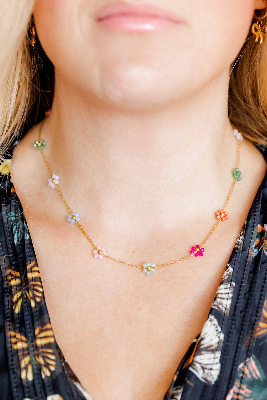 LINNY CO Gracie Flower Multi Color necklace for kids & little girls — hypoallergenic, waterproof stainless steel, shown on model.