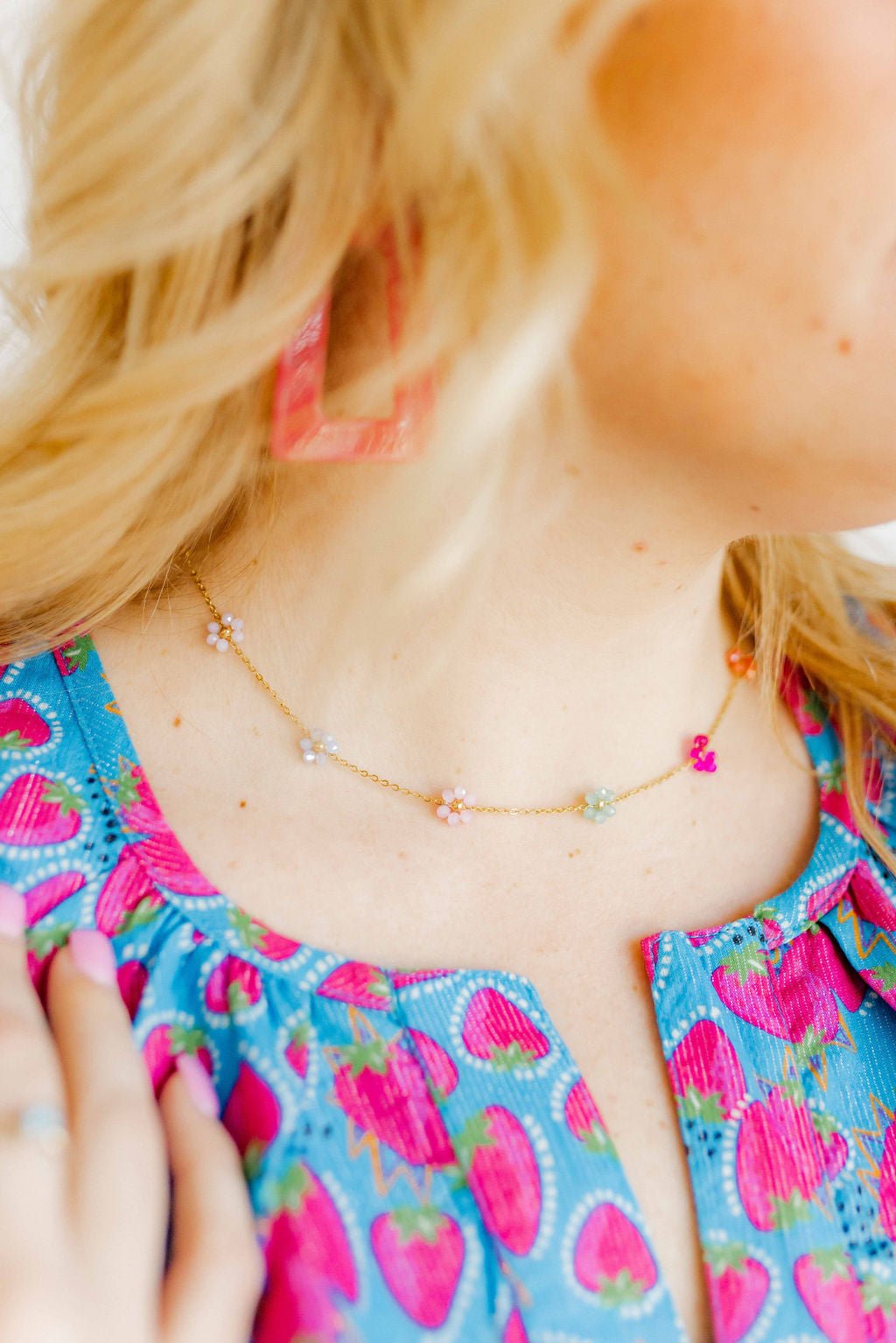 LINNY CO Gracie Flower Multi Color necklace for kids & little girls — hypoallergenic, waterproof stainless steel, shown on model.