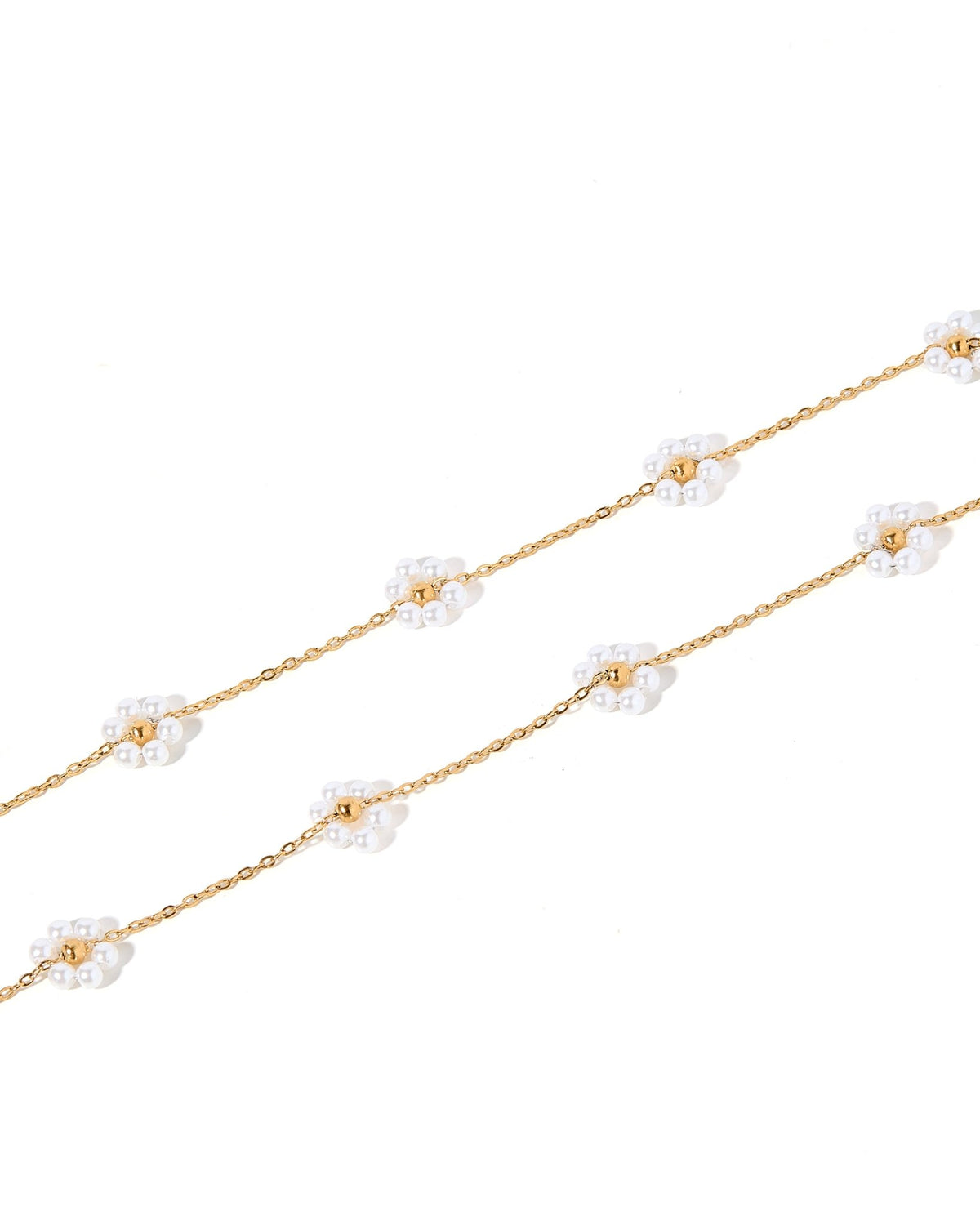LINNY CO Gracie Flower Pearl necklace for kids & little girls — hypoallergenic, waterproof stainless steel, detail.