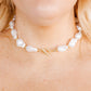 LINNY CO Lana Pearl Gold necklace for kids & little girls — hypoallergenic, waterproof stainless steel, shown on model.