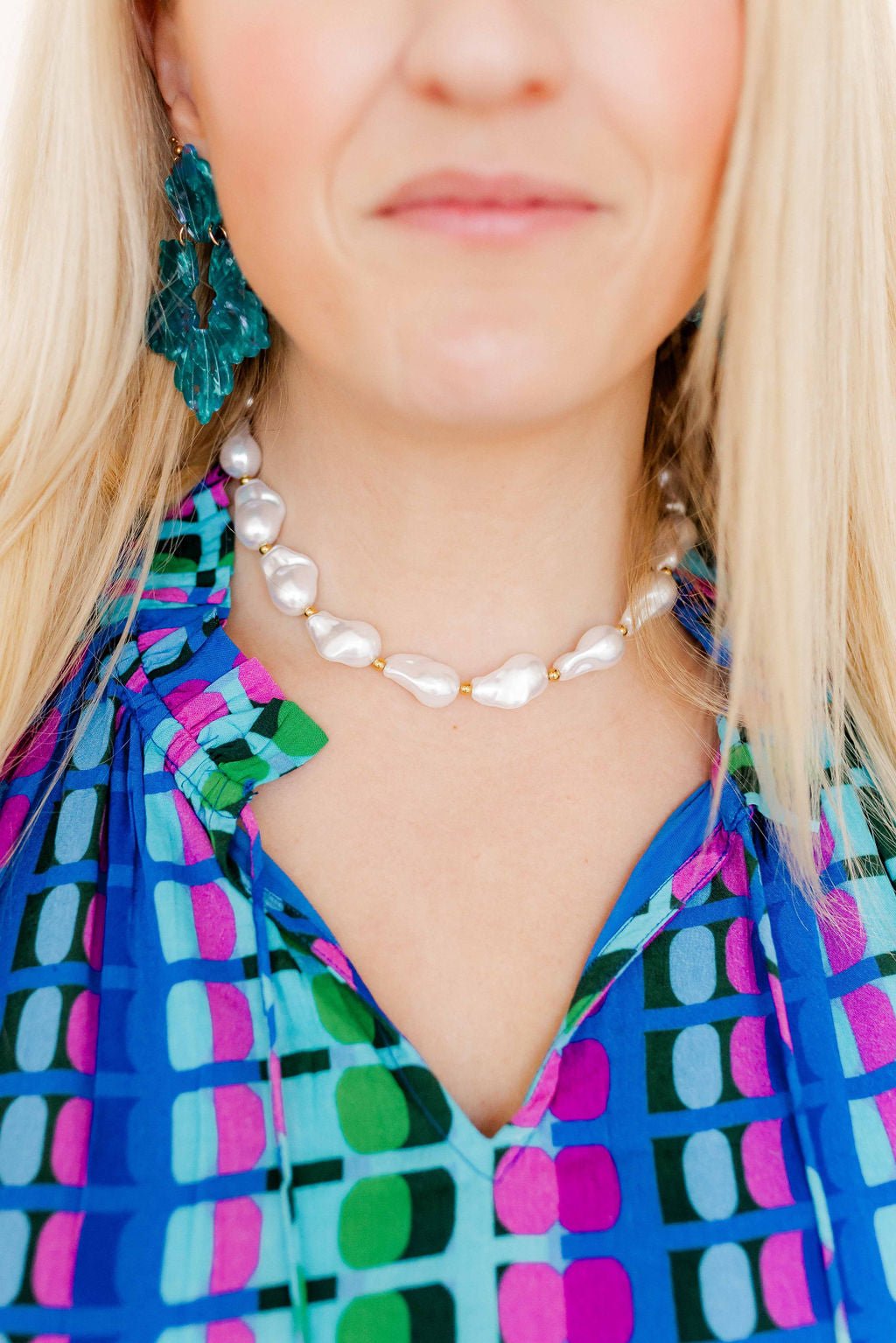 LINNY CO Lana Pearl Gold necklace for kids & little girls — hypoallergenic, waterproof stainless steel, shown on model.