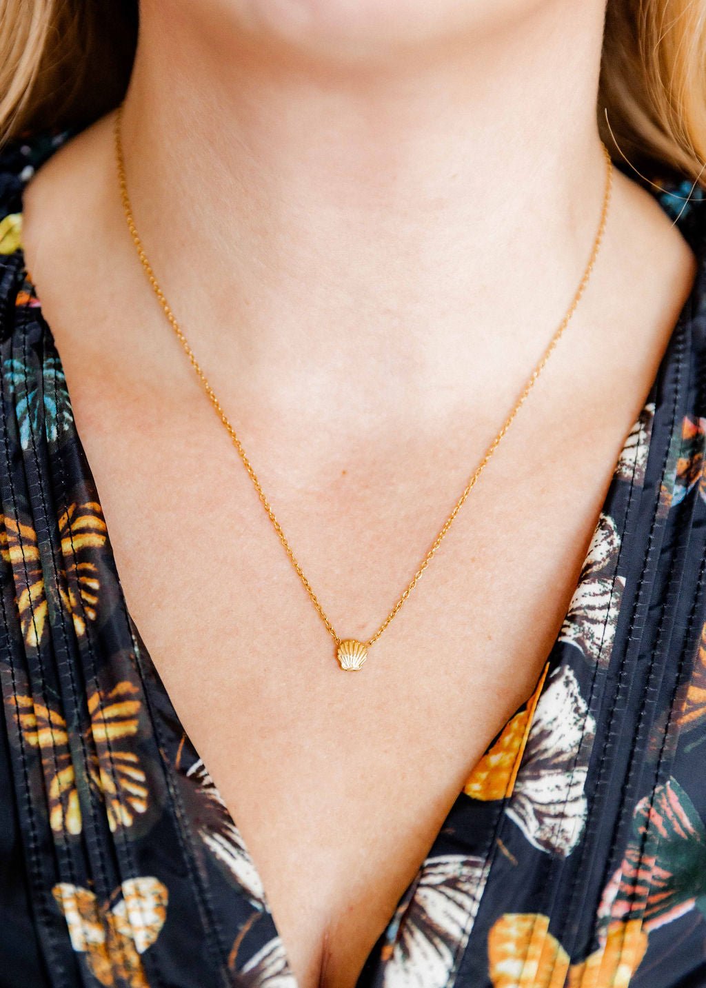 LINNY CO Marina Shell necklace for kids & little girls — hypoallergenic, waterproof stainless steel, shown on model.