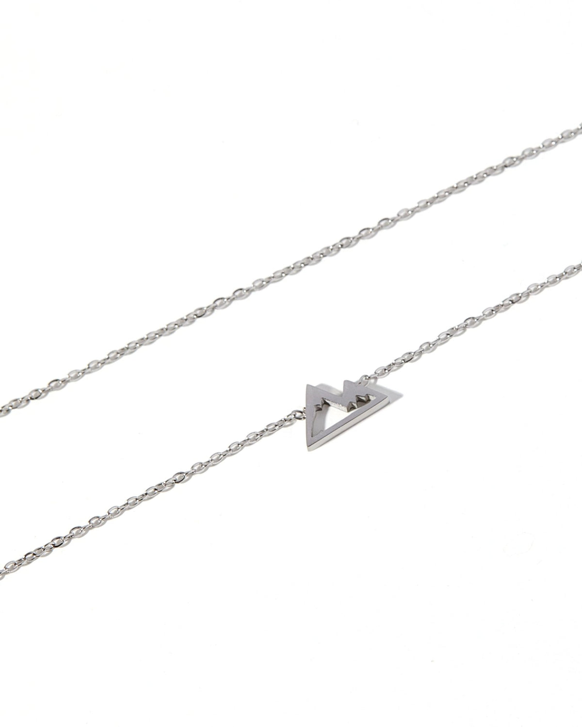 LINNY CO Mountain Silver necklace for kids & little girls — hypoallergenic, waterproof stainless steel, detail.