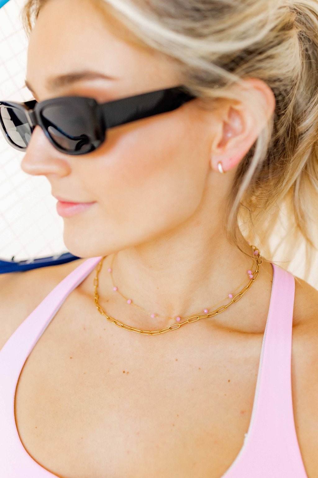 LINNY CO Palmer Paperclip Gold necklace for kids & little girls — hypoallergenic, waterproof stainless steel, shown on model.