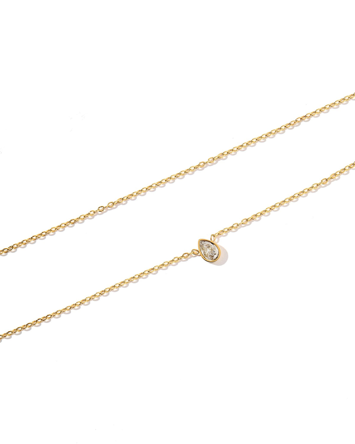 LINNY CO Paloma Pear Drop Gold necklace for kids & little girls — hypoallergenic, waterproof stainless steel, detail.