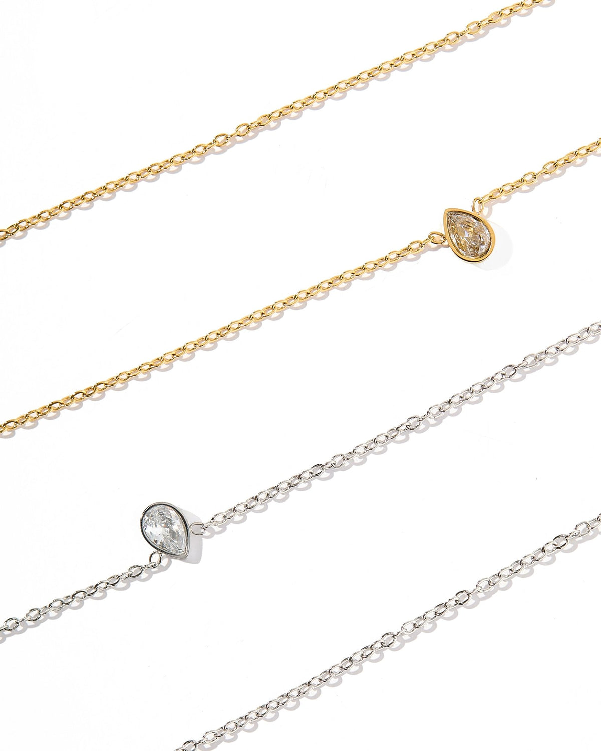 LINNY CO Paloma Pear Drop Silver necklace for kids & little girls — hypoallergenic, waterproof stainless steel, flat-lay styling.