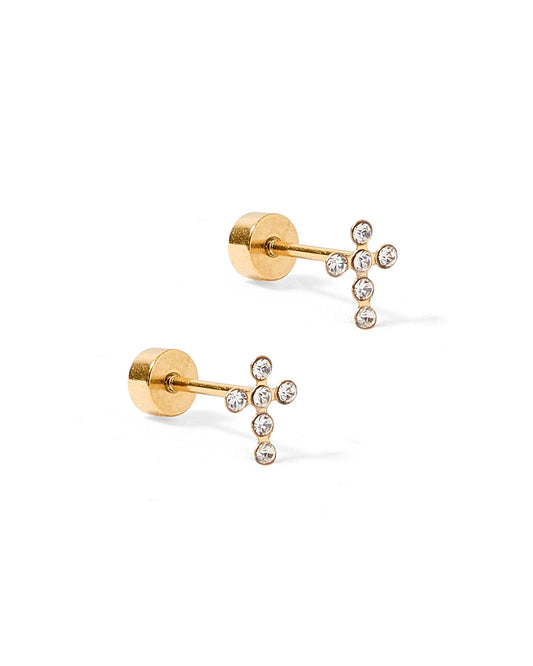 Screwback Stud Earrings - Clara Cross Gold Sparkle - LINNY CO WholesaleStuds