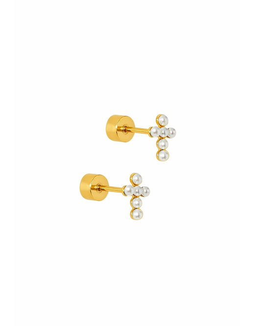 Screwback Stud Earrings - Clara Cross Pearl - LINNY CO WholesaleEarrings