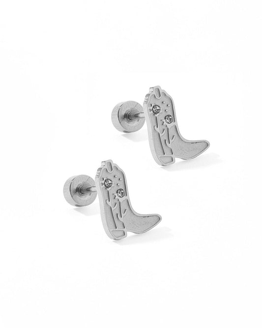 Screwback Stud Earrings - Daisy Cowgirl Boot Silver - LINNY CO WholesaleStuds