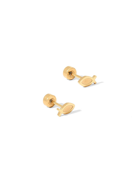 Screwback Stud Earrings - Ichthys Fish Gold - LINNY CO WholesaleStuds