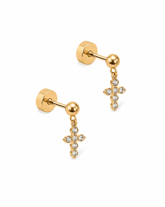 Screwback Stud Earrings - Millie Cross CZ Gold - LINNY CO WholesaleStuds