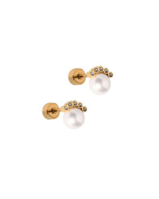 Screwback Stud Earrings - Winnie CZ Pearl Gold - LINNY CO WholesaleStuds