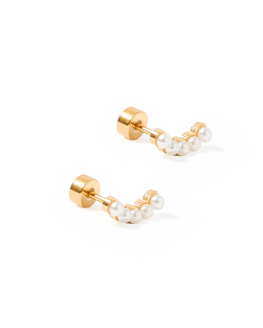 LINNY CO Abigail Pearl Gold screwback stud earrings for kids & little girls — hypoallergenic, waterproof stainless steel with secure screwback backs, side angle.