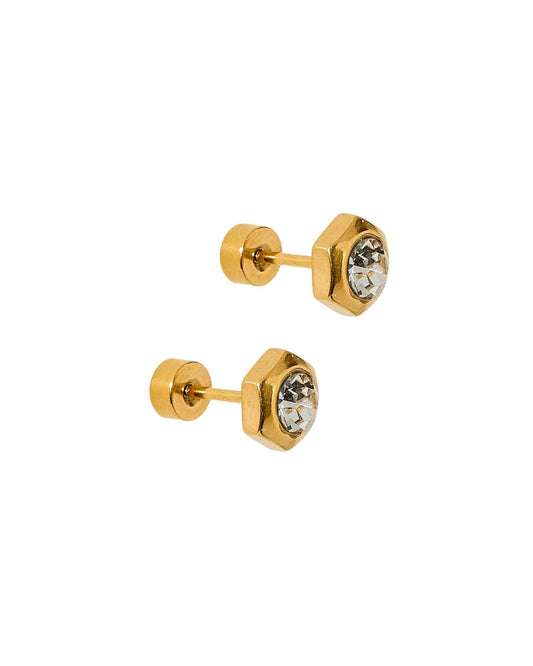 LINNY CO Addison Clear Gold screwback stud earrings for kids & little girls — hypoallergenic, waterproof stainless steel with secure screwback backs, side angle.