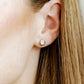 LINNY CO Addison Clear Silver screwback stud earrings for kids & little girls — hypoallergenic, waterproof stainless steel with secure screwback backs, shown on model.