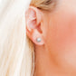 LINNY CO Addison Clear Silver screwback stud earrings for kids & little girls — hypoallergenic, waterproof stainless steel with secure screwback backs, shown on model.