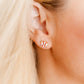 LINNY CO Baseball Gold screwback stud earrings for kids & little girls — hypoallergenic, waterproof stainless steel with secure screwback backs, shown on model.
