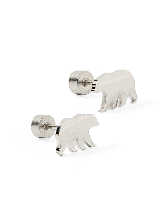 LINNY CO Bear Silver screwback stud earrings for kids & little girls — hypoallergenic, waterproof stainless steel with secure screwback backs, side angle.