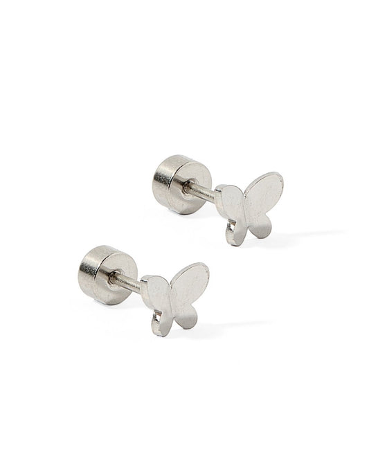 LINNY CO Billie Butterfly Silver screwback stud earrings for kids & little girls — hypoallergenic, waterproof stainless steel with secure screwback backs, side angle.