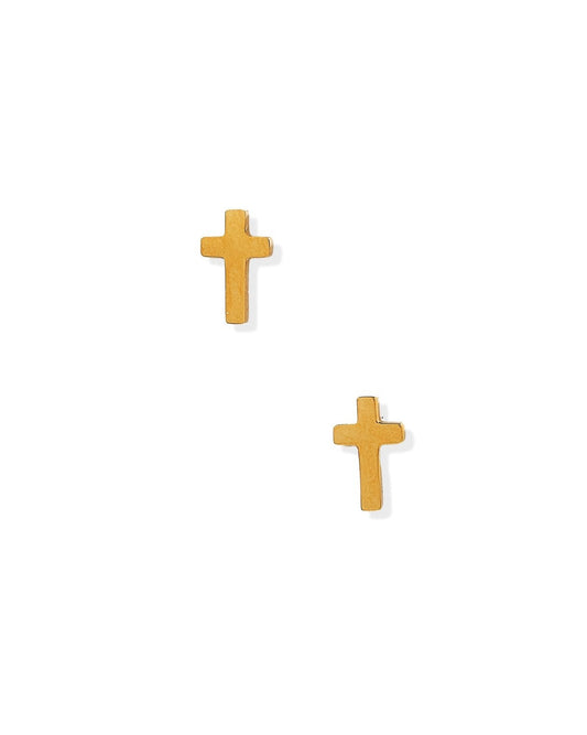 LINNY CO Catherine Cross Gold screwback stud earrings for kids & little girls — hypoallergenic, waterproof stainless steel with secure screwback backs, side angle.