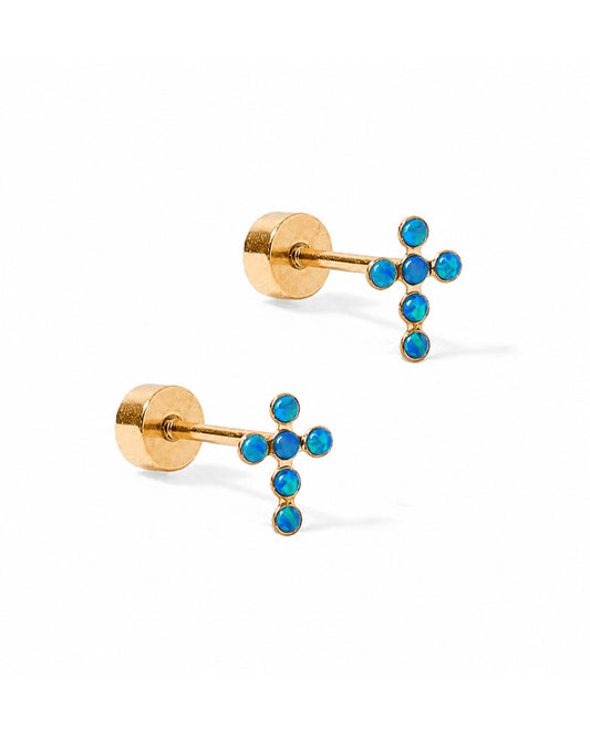 LINNY CO Clara Cross Abalone Shell screwback stud earrings for kids & little girls — hypoallergenic, waterproof stainless steel with secure screwback backs, side angle.
