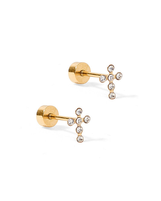 LINNY CO Clara Cross Gold Sparkle screwback stud earrings for kids & little girls — hypoallergenic, waterproof stainless steel with secure screwback backs, side angle.