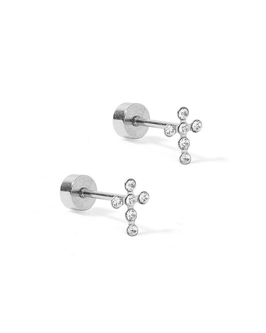 LINNY CO Clara Cross Silver Sparkle screwback stud earrings for kids & little girls — hypoallergenic, waterproof stainless steel with secure screwback backs, side angle.