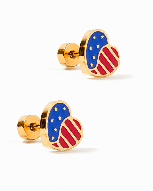 LINNY CO Ellis American Heart screwback stud earrings for kids & little girls — hypoallergenic, waterproof stainless steel with secure screwback backs, side angle.