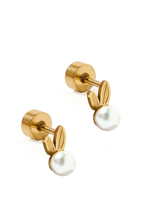 LINNY CO Heidi Pearl Bunny screwback stud earrings for kids & little girls — hypoallergenic, waterproof stainless steel with secure screwback backs, side angle.