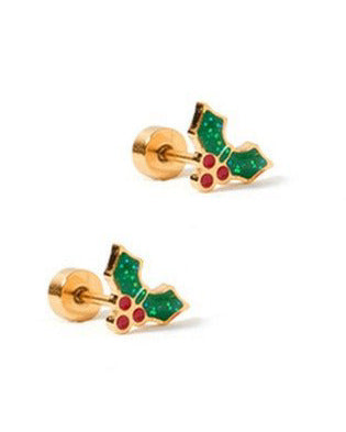 LINNY CO Holly Berry screwback stud earrings for kids & little girls — hypoallergenic, waterproof stainless steel with secure screwback backs, side angle.