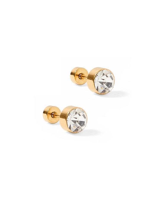 LINNY CO Juliet Clear 5mm screwback stud earrings for kids & little girls — hypoallergenic, waterproof stainless steel with secure screwback backs, side angle.