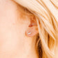 LINNY CO Kate Candy Gold screwback stud earrings for kids & little girls — hypoallergenic, waterproof stainless steel with secure screwback backs, shown on model.