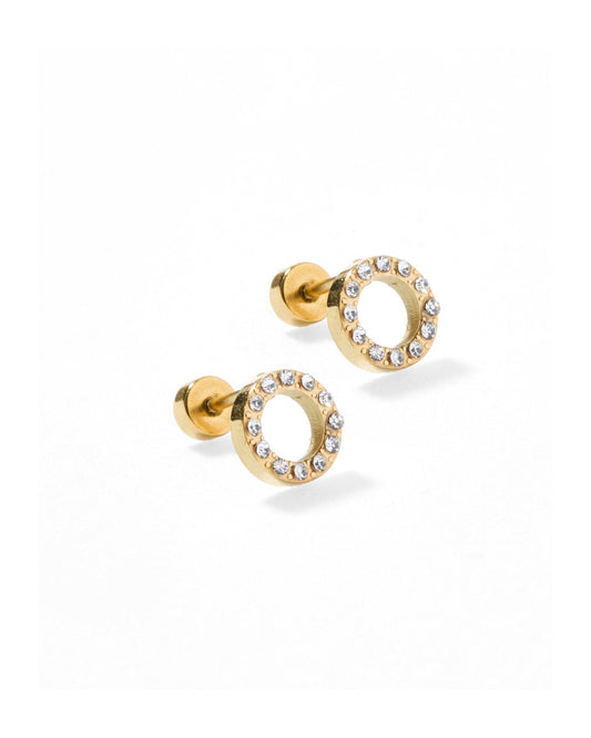 LINNY CO Lainey Gold screwback stud earrings for kids & little girls — hypoallergenic, waterproof stainless steel with secure screwback backs, side angle.