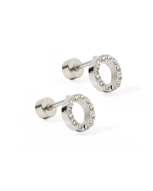 LINNY CO Lainey Silver screwback stud earrings for kids & little girls — hypoallergenic, waterproof stainless steel with secure screwback backs, side angle.