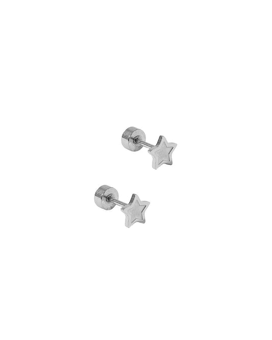 LINNY CO Lennon Star Silver screwback stud earrings for kids & little girls — hypoallergenic, waterproof stainless steel with secure screwback backs, side angle.