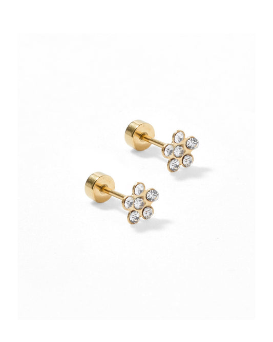 LINNY CO Lyla Flower Clear screwback stud earrings for kids & little girls — hypoallergenic, waterproof stainless steel with secure screwback backs, side angle.