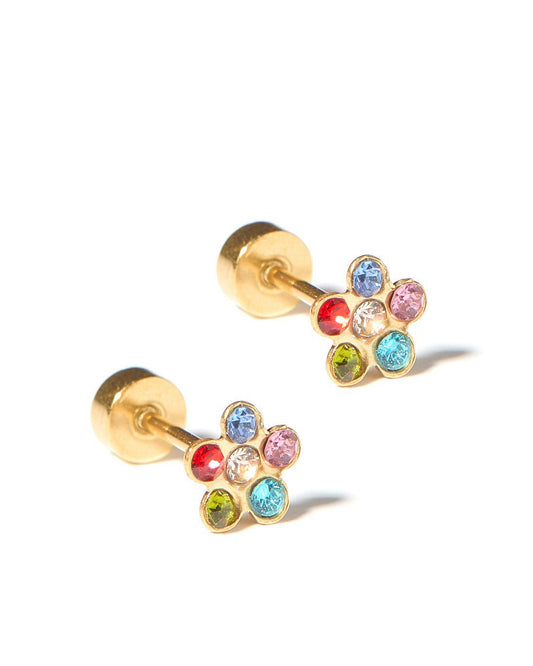 LINNY CO Lyla Flower Multi screwback stud earrings for kids & little girls — hypoallergenic, waterproof stainless steel with secure screwback backs, side angle.