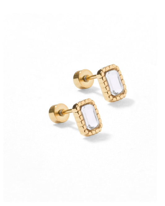 LINNY CO Madison Gold Clear screwback stud earrings for kids & little girls — hypoallergenic, waterproof stainless steel with secure screwback backs, side angle.